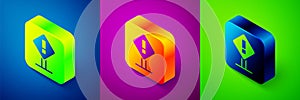 Isometric Exclamation mark in square frame icon isolated on blue, purple and green background. Hazard warning sign