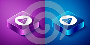 Isometric Exclamation mark in triangle icon isolated on blue and purple background. Hazard warning sign, careful