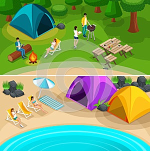 Isometric Expedition travel hiking, 2 horizontal webpage banners with weekend friends picnic camping vacation, vector illustration