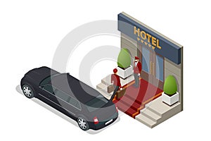 Isometric Expensive hotel entrance and limousine. Doorman standing in front of hotel entrance doors, Porter with Baggage photo