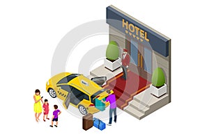 Isometric Expensive hotel entrance and taxi car. Doorman standing in front of hotel entrance doors, Porter with Baggage photo