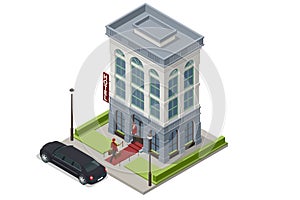Isometric Expensive hotel entrance and taxi car. Doorman standing in front of hotel entrance doors, Porter with Baggage photo