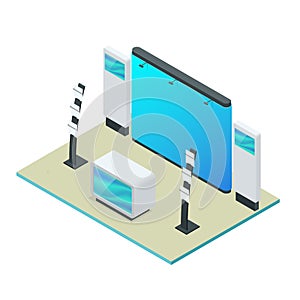 Isometric Expo Stands. Exhibition Demonstration Stand Concept. Exposition booth. Blank mockup.