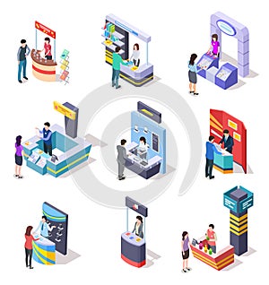 Isometric expo stands. Exhibition demonstration stand and trade stalls with people. 3d vector set photo