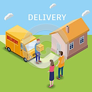 Isometric Express and Delivery. Courier shipping to couple woman and man a cardboard box. Free shipping, product goods