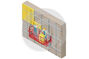 Isometric External Wall Insulation System, Building Facade Insulation Works. Styrofoam facade layers. Worker in Hardhat