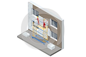 Isometric External Wall Insulation System, Building Facade Insulation Works. Styrofoam facade layers. Worker in Hardhat