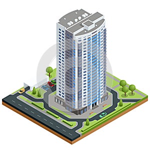 Isometric facade of a multi-storey buildin. Buildings and modern city houses. New residential buildings.