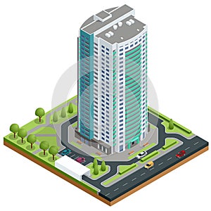 Isometric facade of a multi-storey buildin. Buildings and modern city houses. New residential buildings.