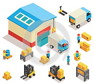 Isometric factory distribution warehouse building