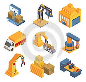 Isometric Factory Flowchart with Robotic Machinery