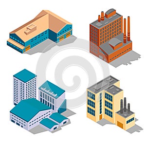 Isometric factory and industrial buildings set