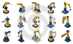 Isometric factory mechanised automated robotic arms. Factory industrial automated robotics arms, mechanical robotic