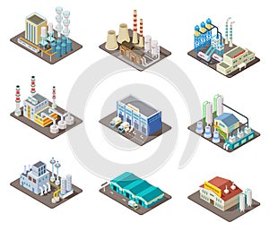 Isometric factory set. 3d industrial buildings, power plant and warehouse. Isolated vector collection