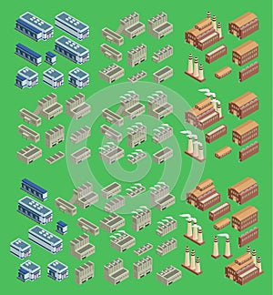 Isometric factory vector icon set which includes 3d buildings, stores warehouse and other industrial structures. 3d