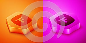 Isometric Fahrenheit icon isolated on orange and pink background. Hexagon button. Vector