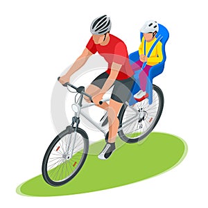 Isometric family biking. Young father safety helmet with toddler strapped child seat his bicycle. Bicycle with plastic