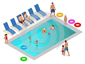 Isometric Family enjoying summer vacation in luxury swimming pool concept. Vector illustration