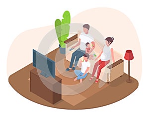 Isometric family with kid watch tv in living room. Parenthood mother and father with kids watching television vector
