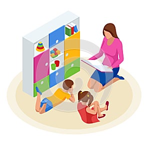 Isometric family reading book for children. Mother reading a book to her daughter and son. Happy time at home.