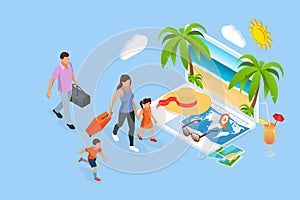 Isometric family summer travel concept. Father with kids on the beach enjoying summer. Family vacation