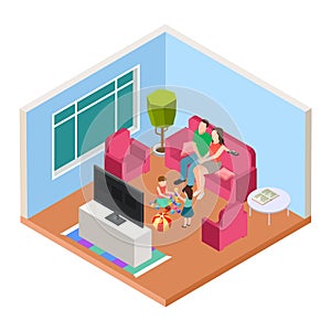 Isometric family time. Vector parents and kids watching TV and playing. Happy parenthood illustration