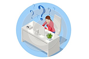 Isometric FAQ Frequently Asked Questions Concept. Woman Ask Questions and receive Answers. Business woman Asking