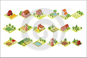 Isometric farm set. House, fields with harvest, grazing sheep, windmills, agricultural machines and wooden barns. Vector