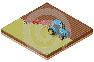 Isometric Farming plowing the field in spring. Farmer in agricultural tractor at work. Tractor ploughing field.