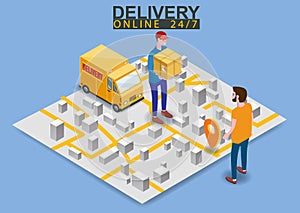 Isometric Fast Express and Delivery. Courier shipping to man a cardboard box. Free shipping, product goods 24 hour