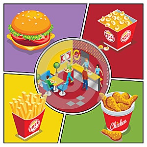 Isometric Fast Food Colorful Composition