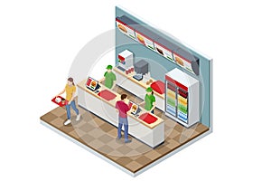 Isometric Fast Food Court Burger, Restaurant Interior, Catering, Shopping Mall, Fast Meal Sale Business, Takeaway