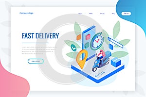 Isometric Fast and Free Delivery by Man Ride Scooter concept. Food service. Website Banner, vector illustration