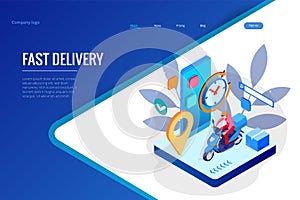 Isometric Fast and Free Delivery by Man Ride Scooter concept. Food service. Website Banner, vector illustration