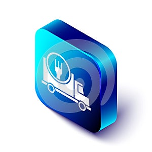 Isometric Fast round the clock delivery by car icon isolated on white background. Blue square button. Vector
