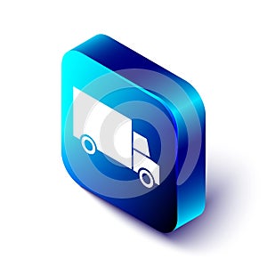 Isometric Fast round the clock delivery by car icon isolated on white background. Blue square button. Vector