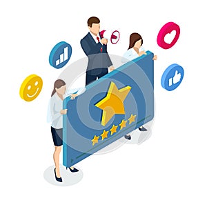 Isometric Feedback Consumer or Customer Review Evaluation Concept. Clients Choosing Satisfaction Rating and Leaving