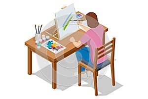 Isometric Female artist painting on canvas at home. Painting, drawing and artwork concept. Art, creativity, hobby, job