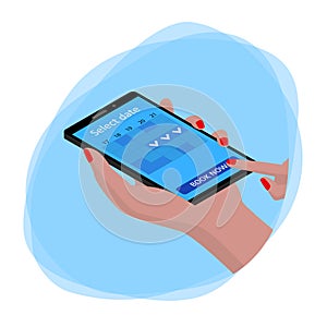 Isometric female hand holds a smartphone with online booking. Finger clicks on the book now button.