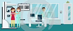 Isometric female patient makes panoramic radiography image in dental radiology room.
