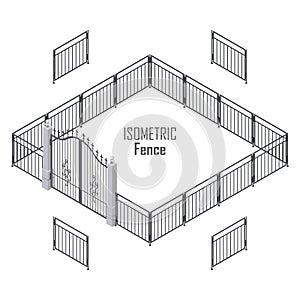 Isometric Fence in Dark Colors Isolated on White.