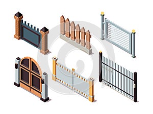 Isometric fences. Residential house elements secure barriers metal and wooden fences doors protection panels vector