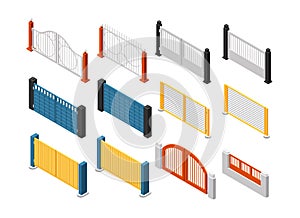 Isometric fences. Wooden fence, garden railing. Isolated 3d vector set