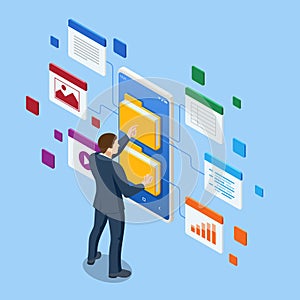 Isometric file in database, document flow management concept. Cloud data storage and remote data access