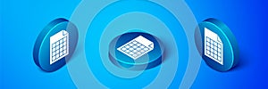 Isometric File document icon isolated on blue background. Checklist icon. Business concept. Blue circle button. Vector