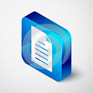 Isometric File document icon isolated on grey background. Checklist icon. Business concept. Blue square button. Vector