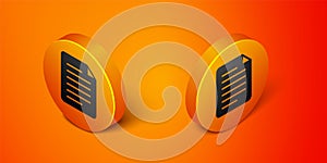 Isometric File document icon isolated on orange background. Checklist icon. Business concept. Orange circle button