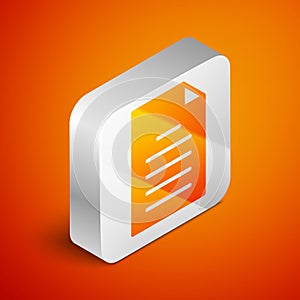 Isometric File document icon isolated on orange background. Checklist icon. Business concept. Silver square button