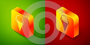 Isometric Fire cone bucket icon isolated on green and red background. Metal cone bucket empty or with water for fire