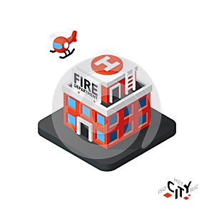 Isometric fire department icon, building city infographic element, vector illustration